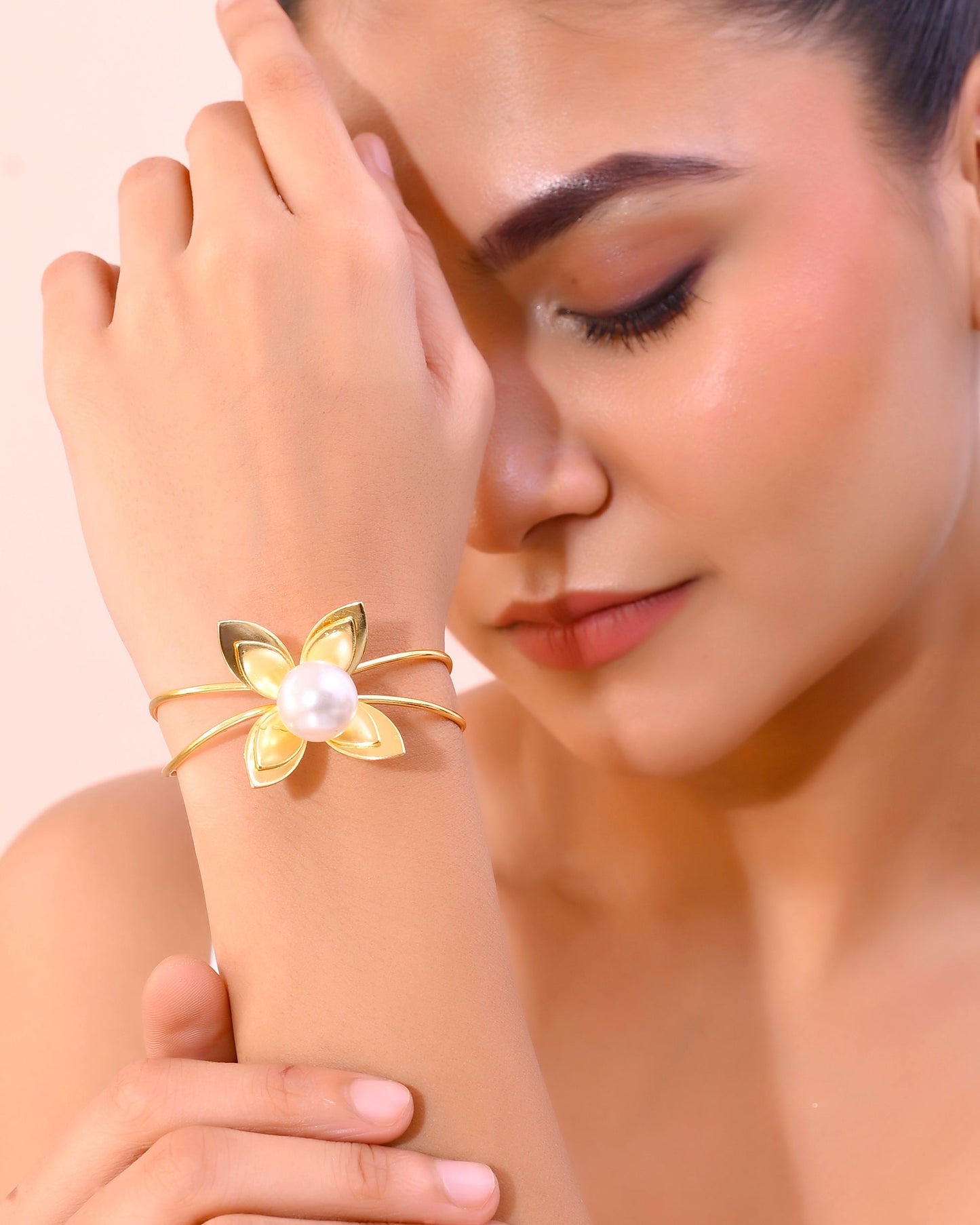 VOJ Gold-Polished Flower Shaped With Pearl In Center Kada Bracelet