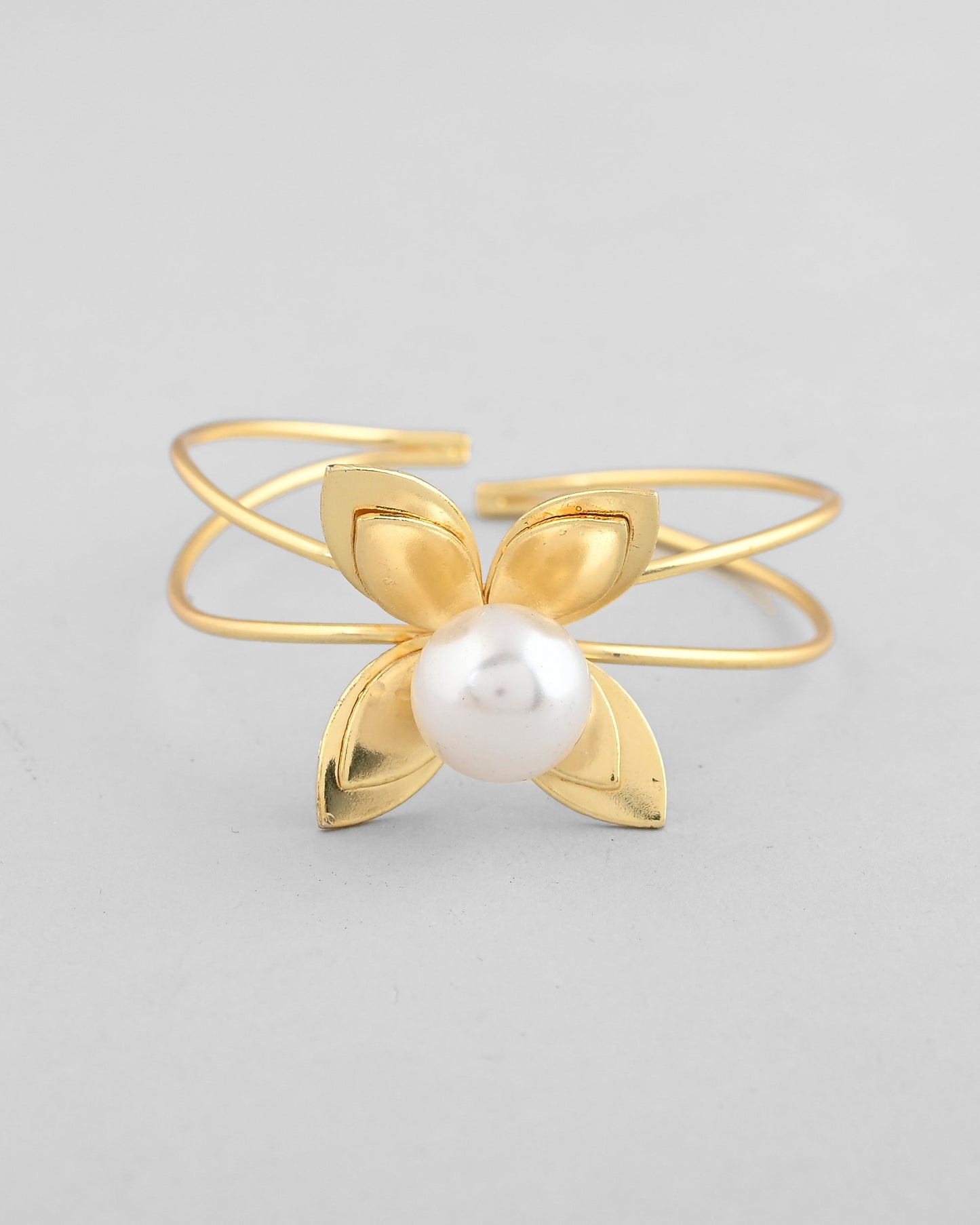 VOJ Gold-Polished Flower Shaped With Pearl In Center Kada Bracelet