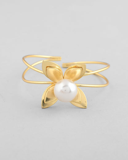 VOJ Gold-Polished Flower Shaped With Pearl In Center Kada Bracelet