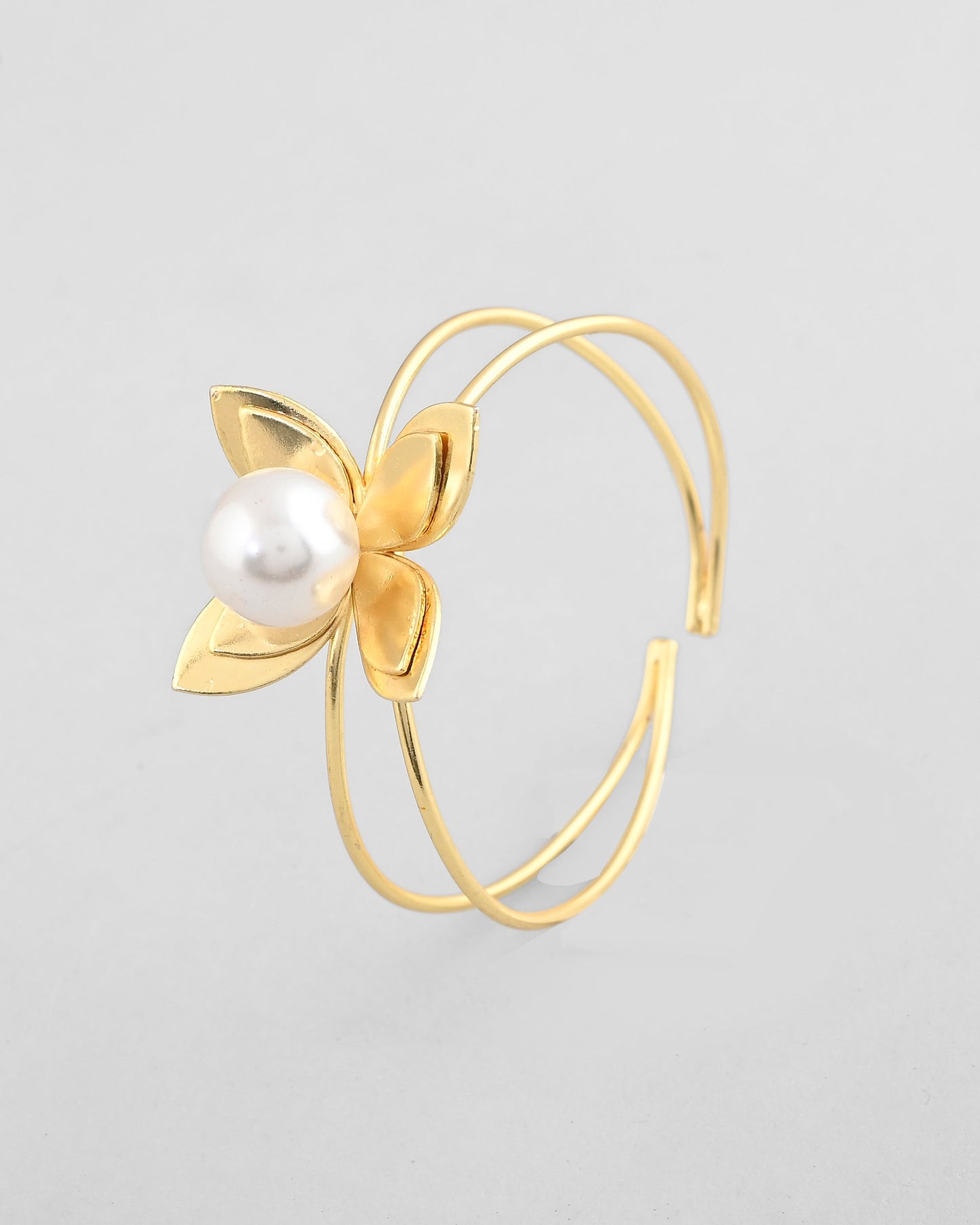 VOJ Gold-Polished Flower Shaped With Pearl In Center Kada Bracelet