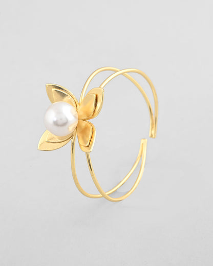 VOJ Gold-Polished Flower Shaped With Pearl In Center Kada Bracelet