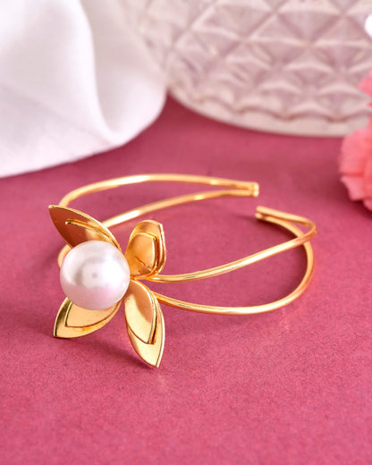 VOJ Gold-Polished Flower Shaped With Pearl In Center Kada Bracelet