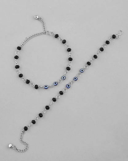 VOJ Set Of 2 Silver Plated With Black beads and Evil Eye Anklet