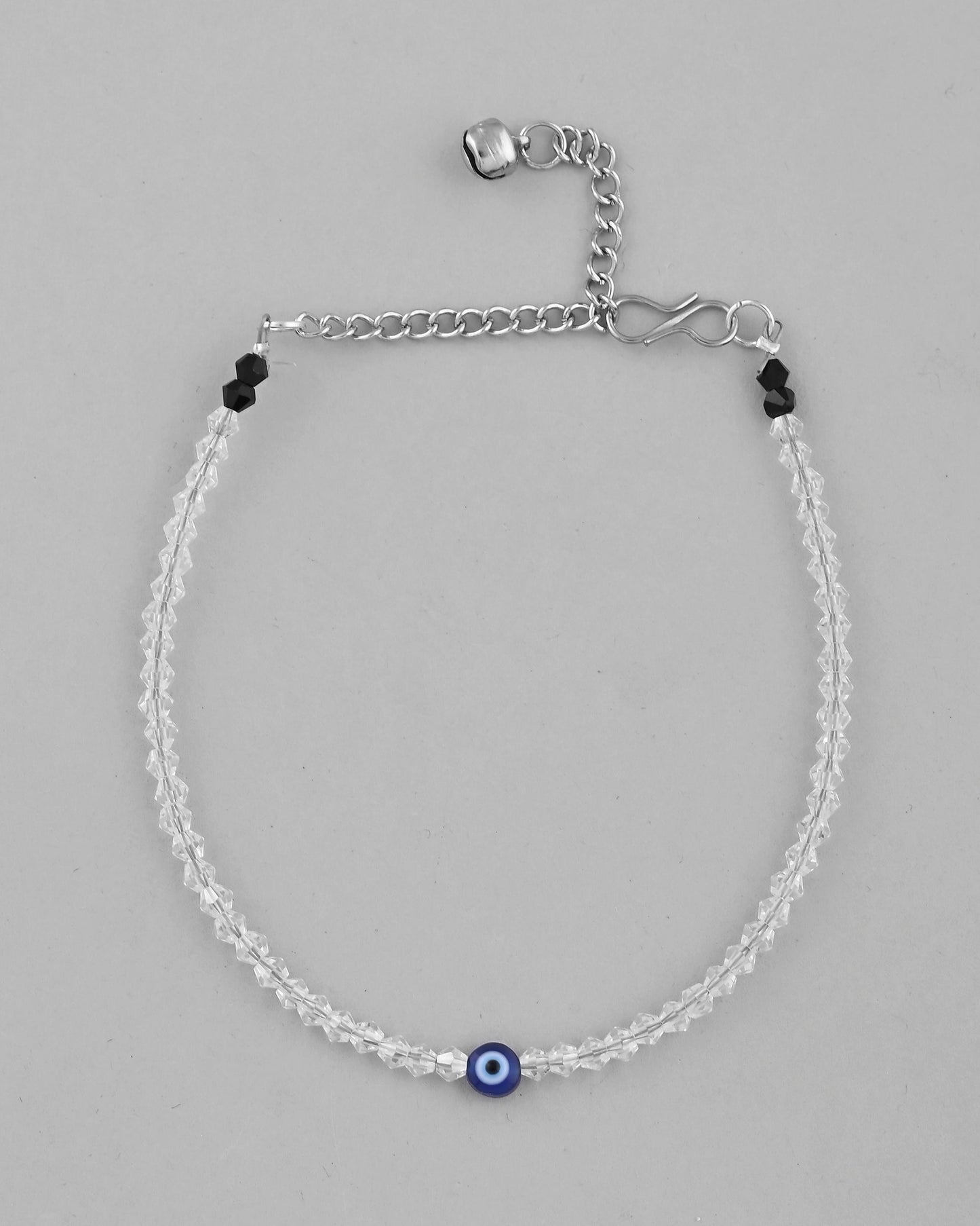 VOJ Set Of 2 Silver Plated With White beads and Evil Eye Anklet