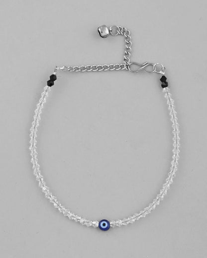 VOJ Set Of 2 Silver Plated With White beads and Evil Eye Anklet
