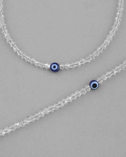 VOJ Set Of 2 Silver Plated With White beads and Evil Eye Anklet