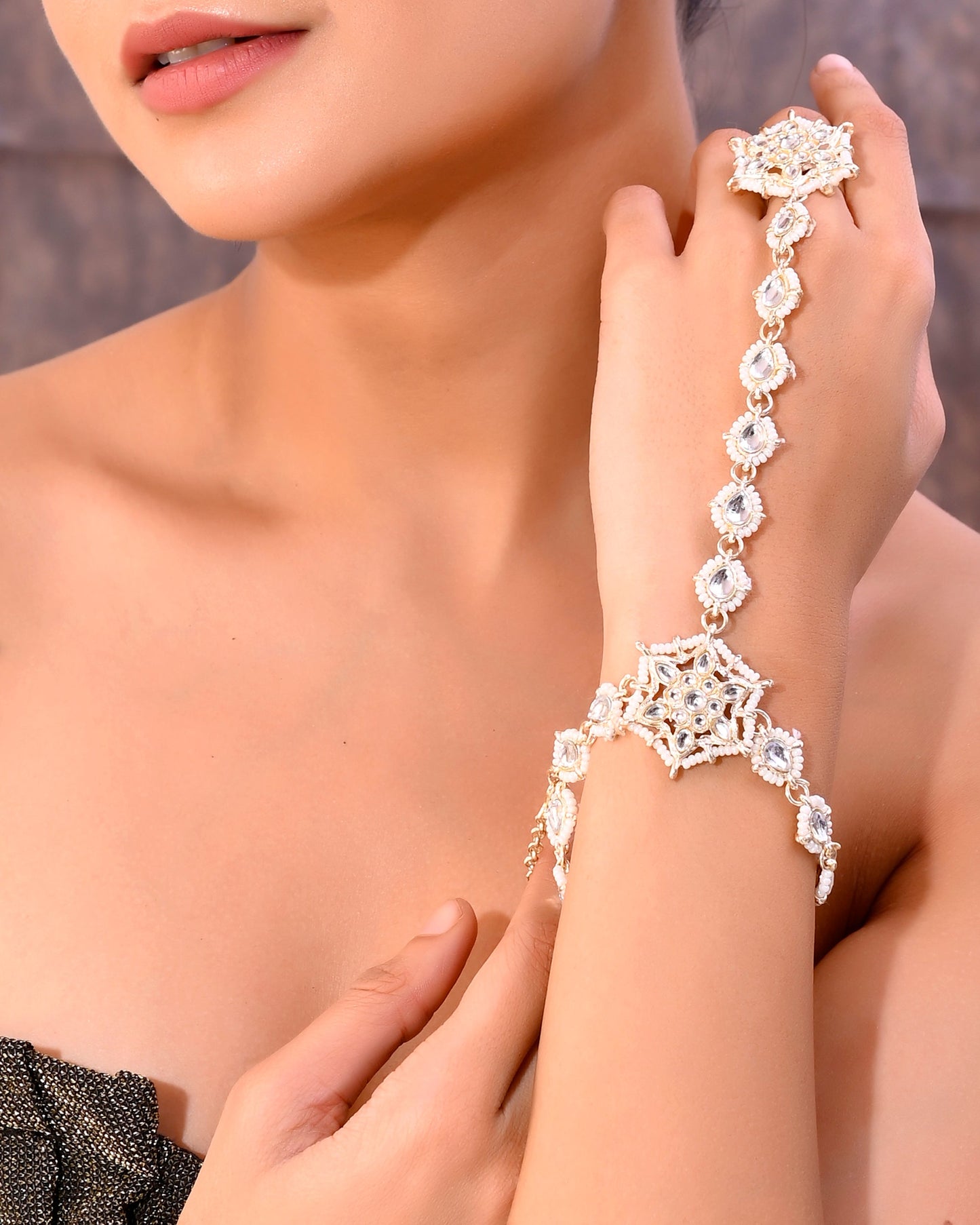 VOJ Gold-Polished Pearl And Kundan Ring Bracelet