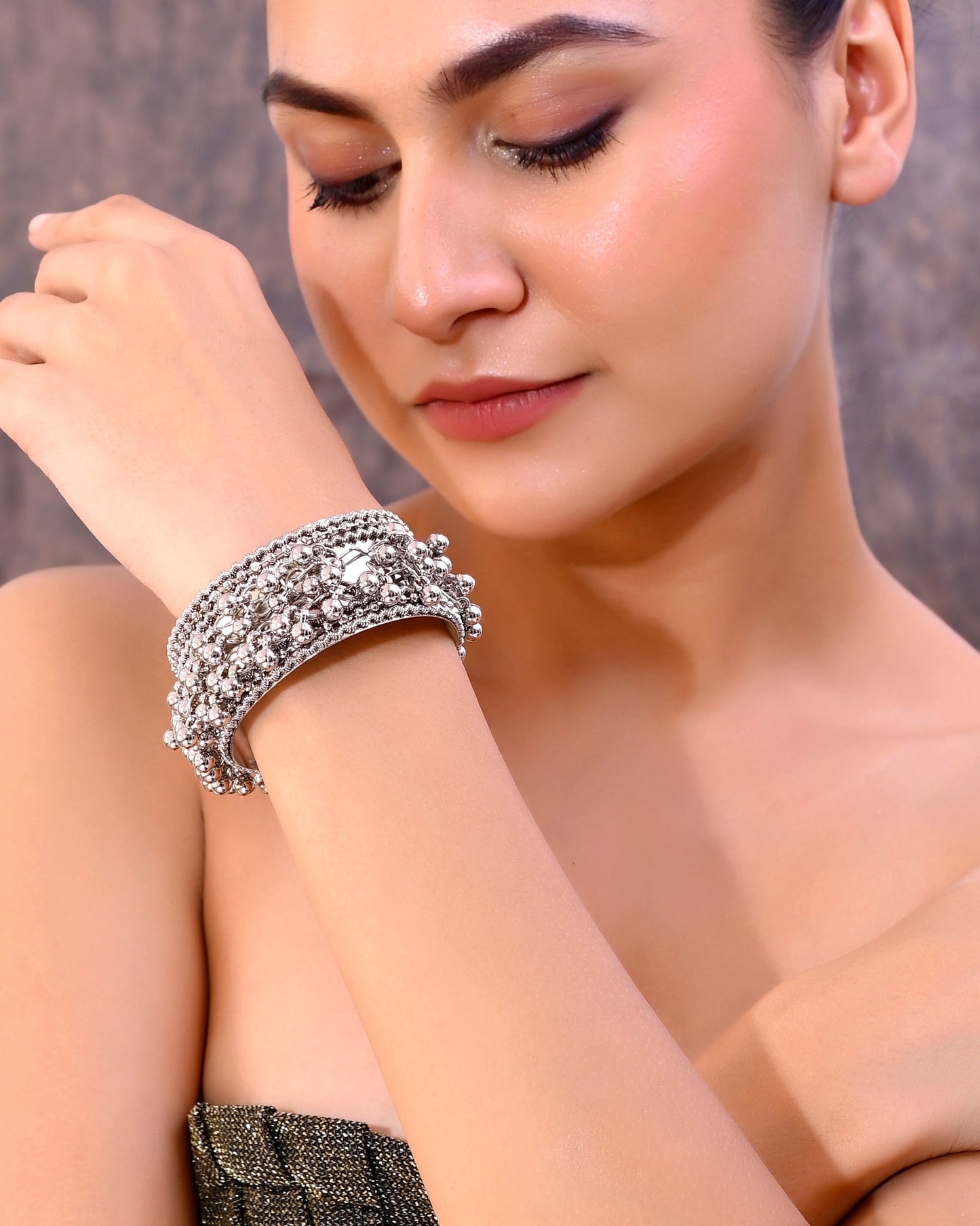 VOJ Silver-Plated Ghungroo Studded Oxidized Cuff Bracelet