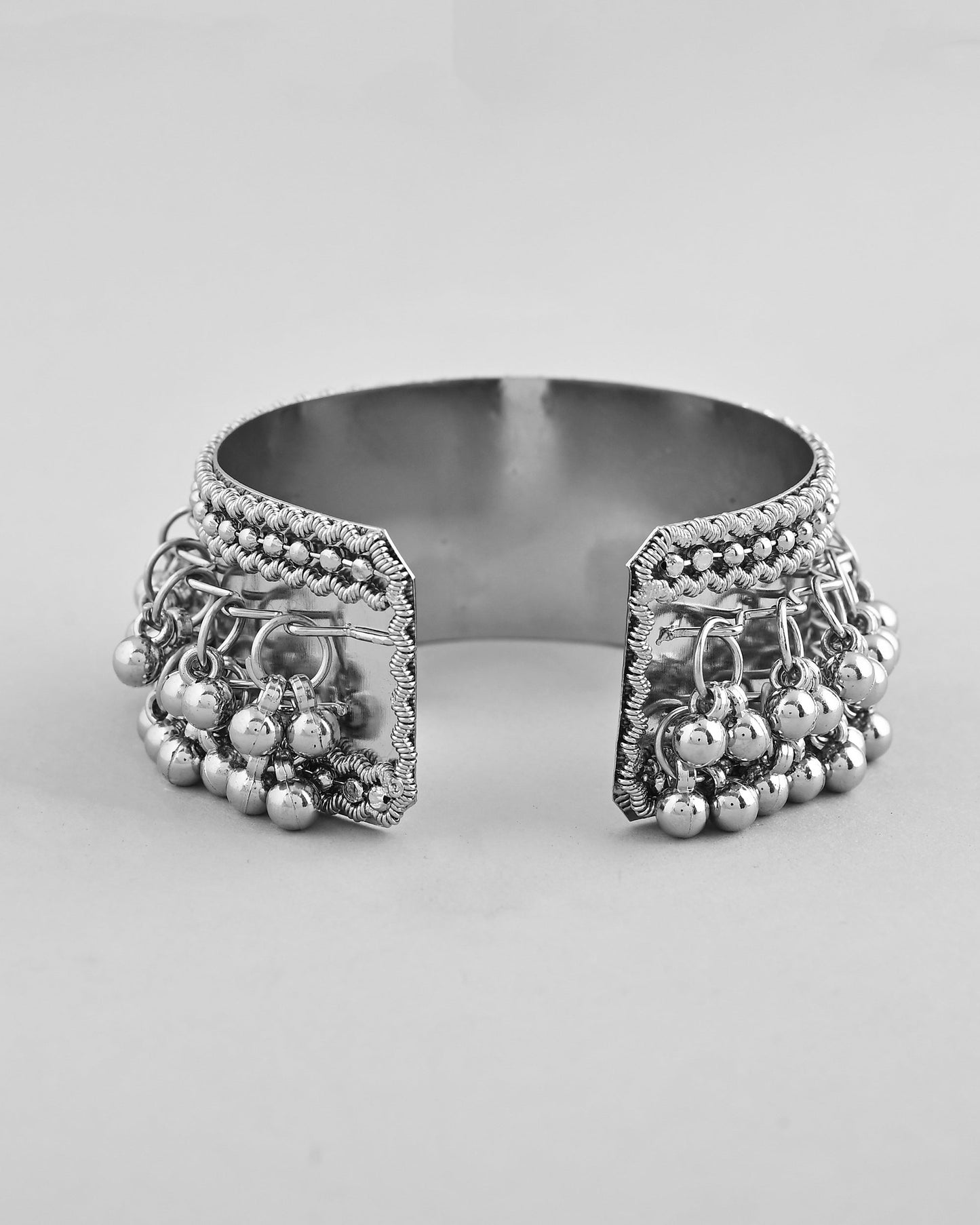 VOJ Silver-Plated Ghungroo Studded Oxidized Cuff Bracelet