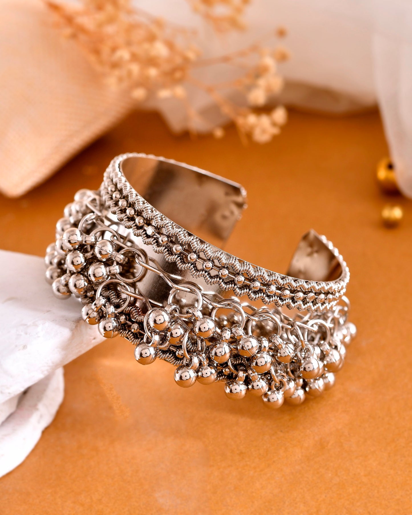 VOJ Silver-Plated Ghungroo Studded Oxidized Cuff Bracelet