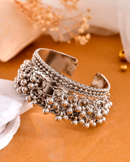 VOJ Silver-Plated Ghungroo Studded Oxidized Cuff Bracelet