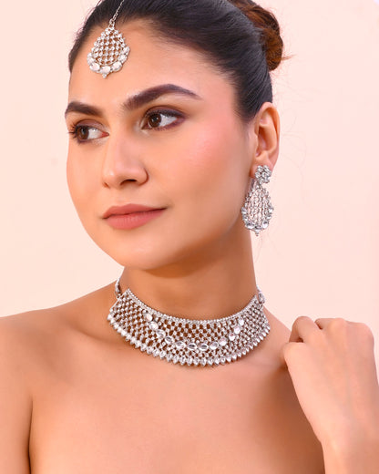 VOJ Silver Plated CZ-Stone Studded Choker Set With Mangtikka