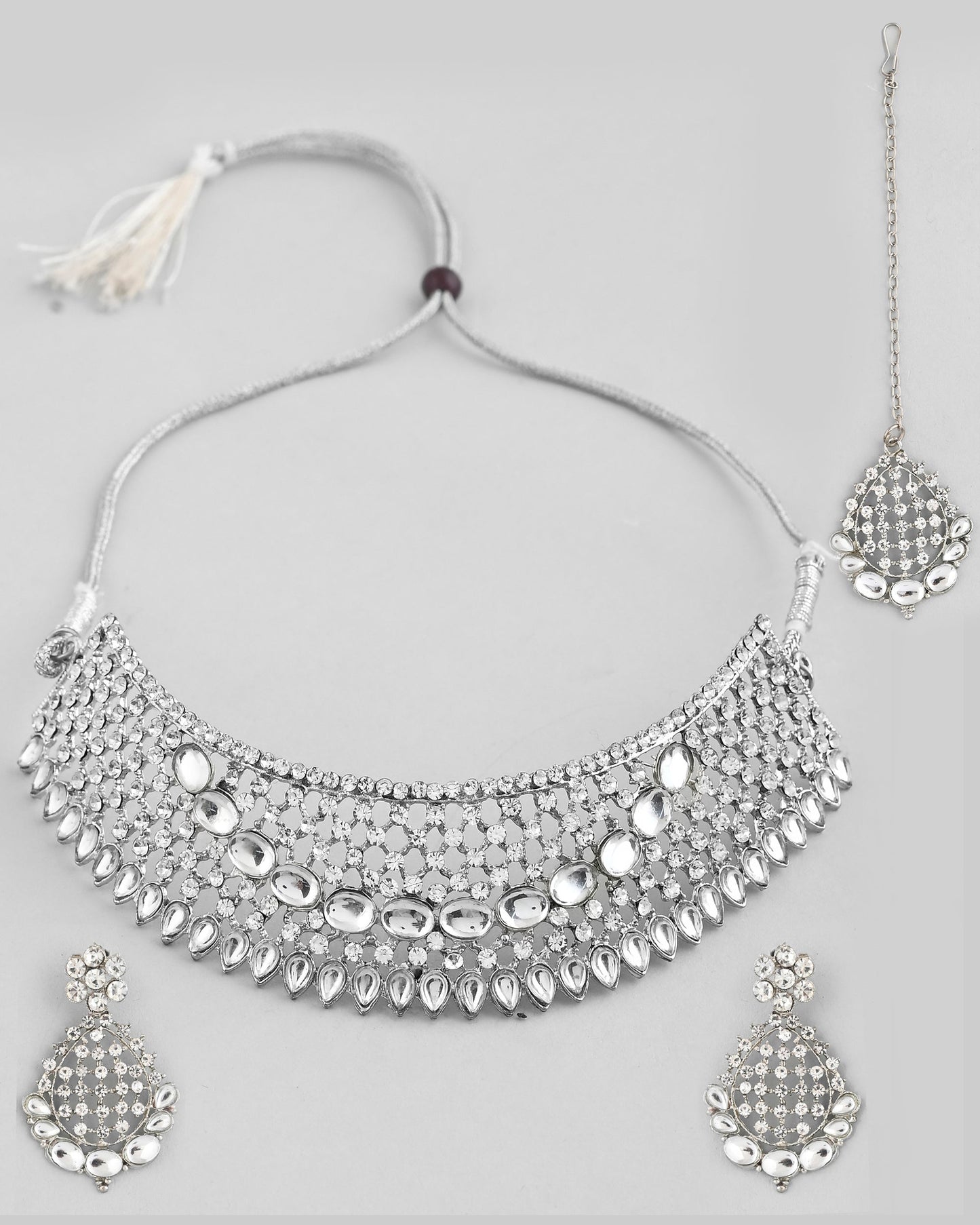 VOJ Silver Plated CZ-Stone Studded Choker Set With Mangtikka