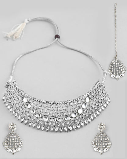 VOJ Silver Plated CZ-Stone Studded Choker Set With Mangtikka