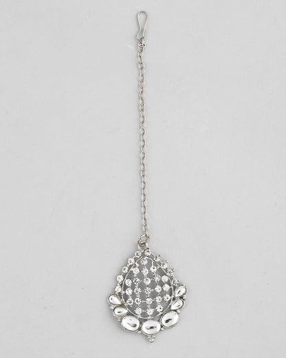 VOJ Silver Plated CZ-Stone Studded Choker Set With Mangtikka