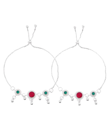 VOJ Set of 2 Silver-Plated Artificial Stones And Beads Anklet