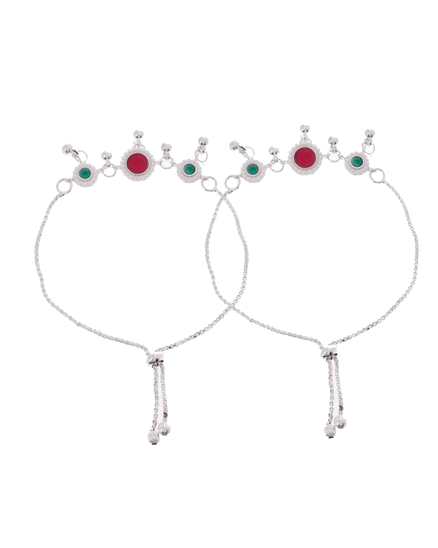 VOJ Set of 2 Silver-Plated Artificial Stones And Beads Anklet