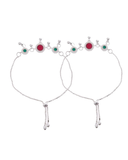 VOJ Set of 2 Silver-Plated Artificial Stones And Beads Anklet