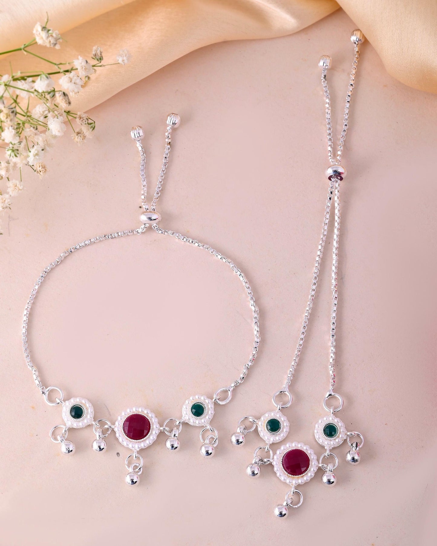 VOJ Set of 2 Silver-Plated Artificial Stones And Beads Anklet