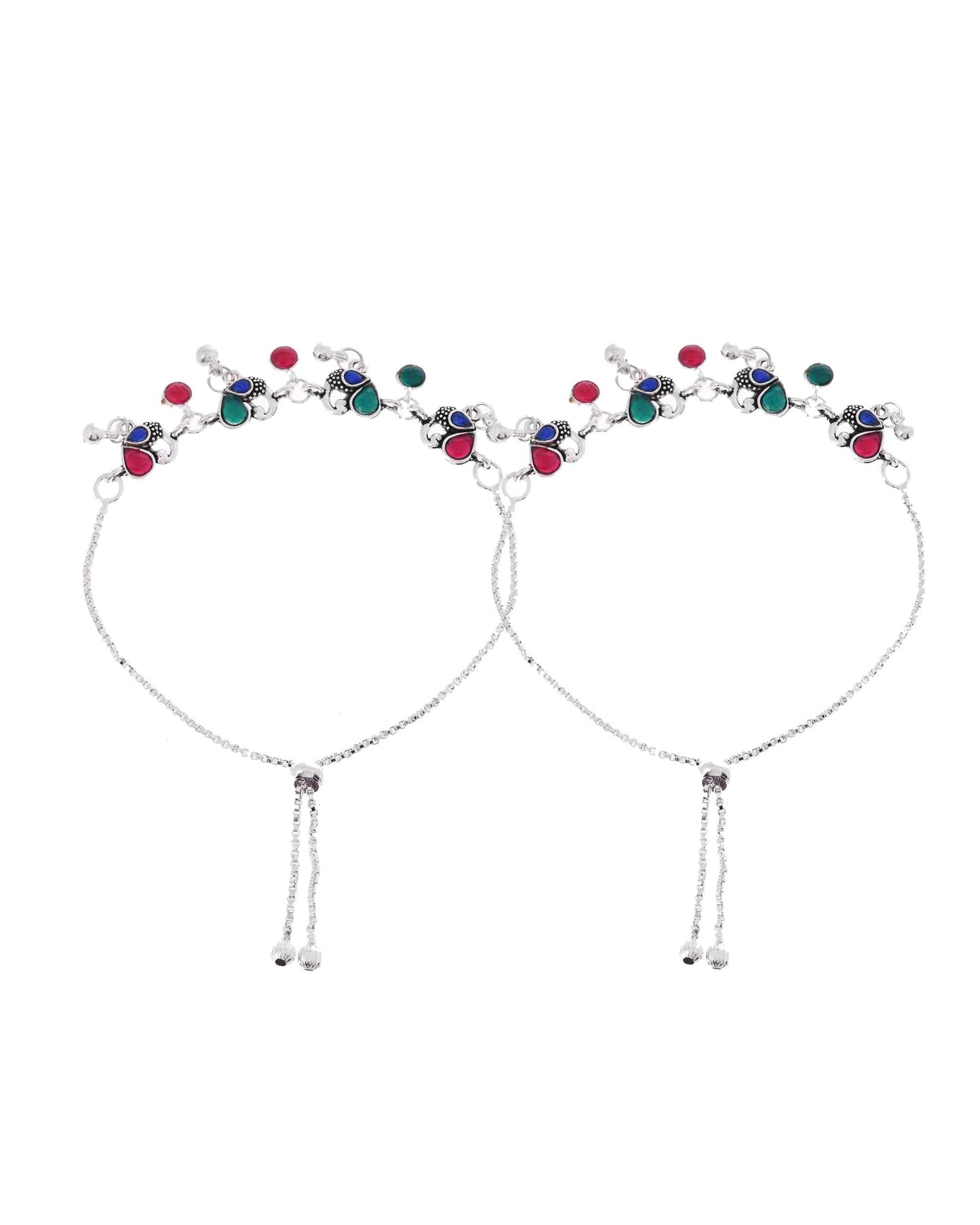 VOJ Set of 2 Silver-Plated Peacock Shaped Artificial Stones Anklet
