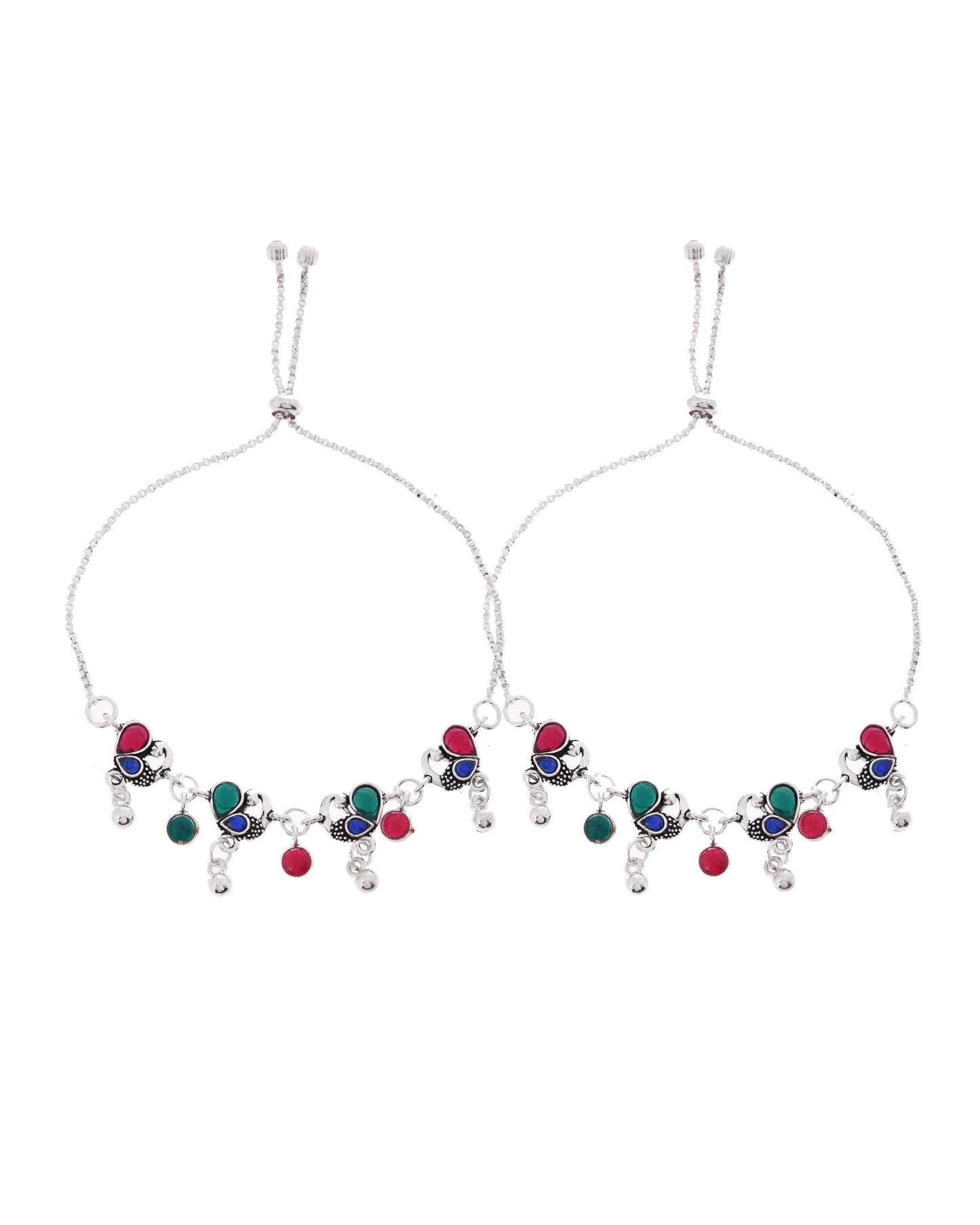 VOJ Set of 2 Silver-Plated Peacock Shaped Artificial Stones Anklet