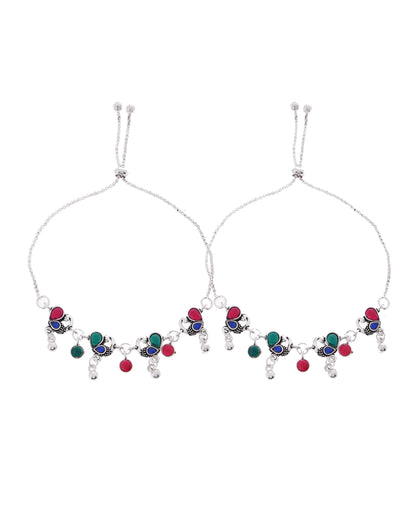 VOJ Set of 2 Silver-Plated Peacock Shaped Artificial Stones Anklet