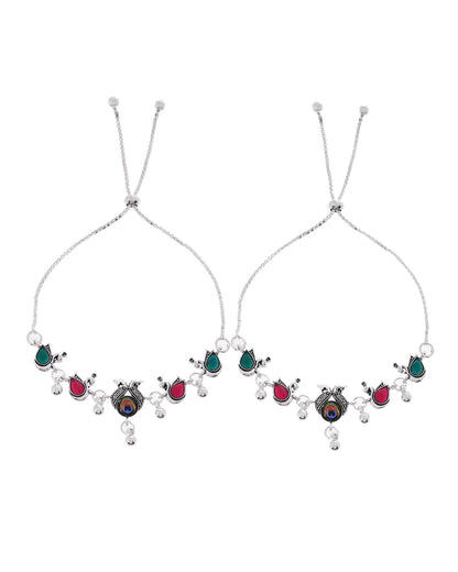 VOJ Set of 2 Silver-Plated Peacock Shaped Stone Studded Anklets