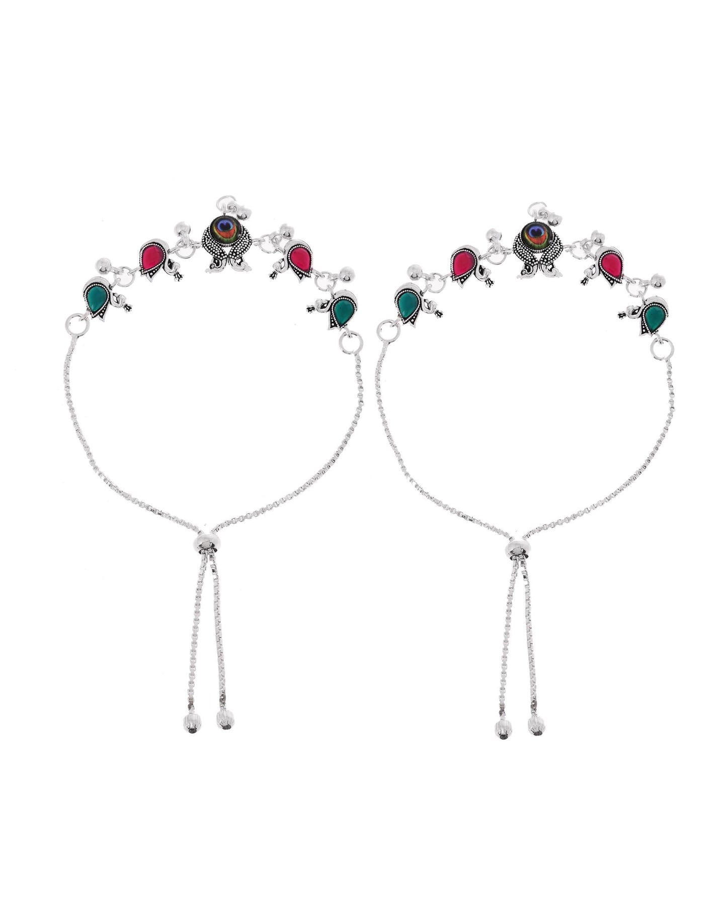 VOJ Set of 2 Silver-Plated Peacock Shaped Stone Studded Anklets