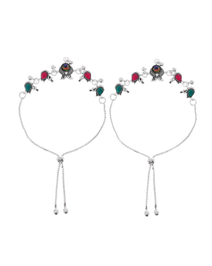 VOJ Set of 2 Silver-Plated Peacock Shaped Stone Studded Anklets