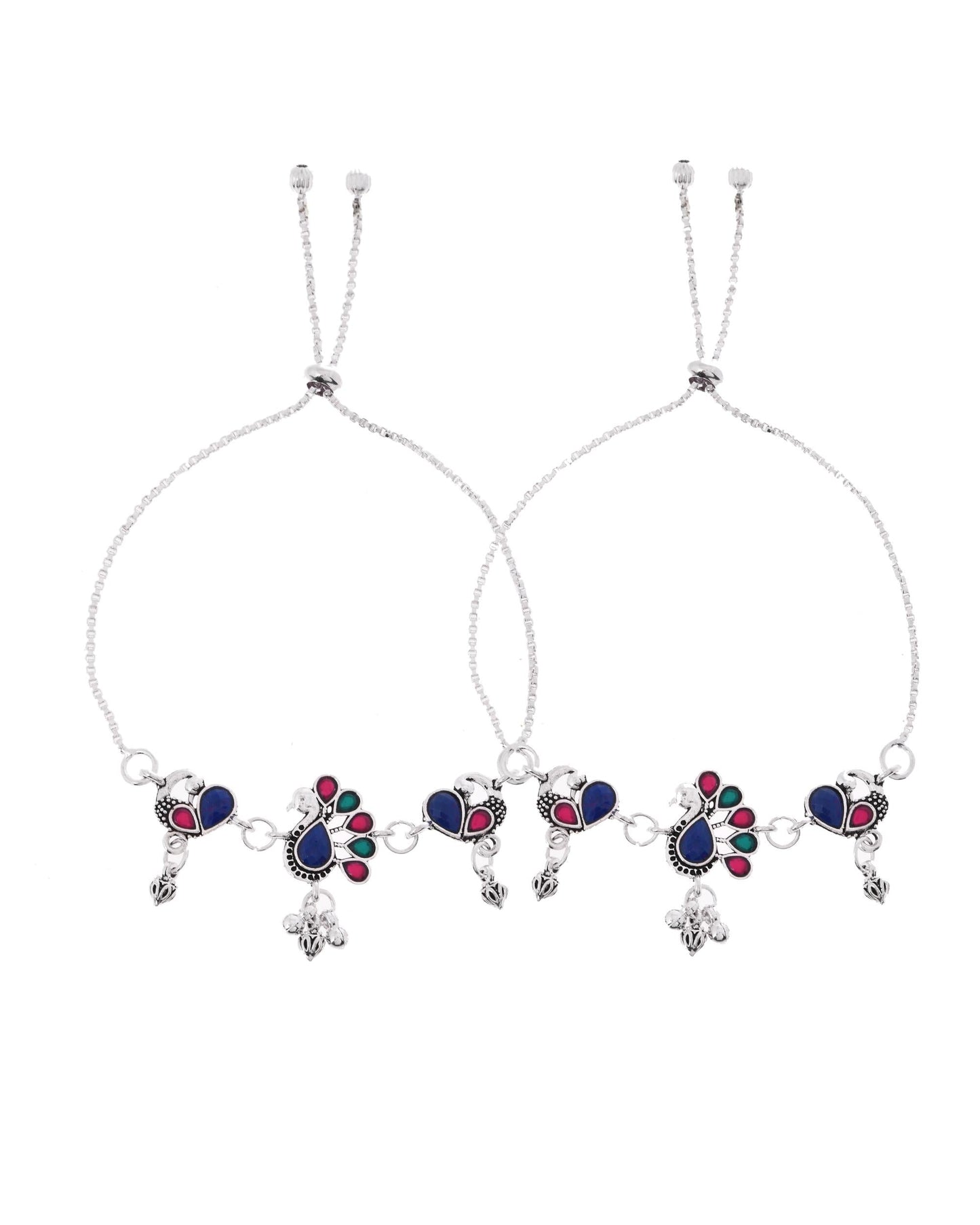 VOJ Set of 2 Silver-Plated Peacock Shaped Stone Studded Anklet