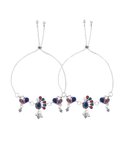 VOJ Set of 2 Silver-Plated Peacock Shaped Stone Studded Anklet