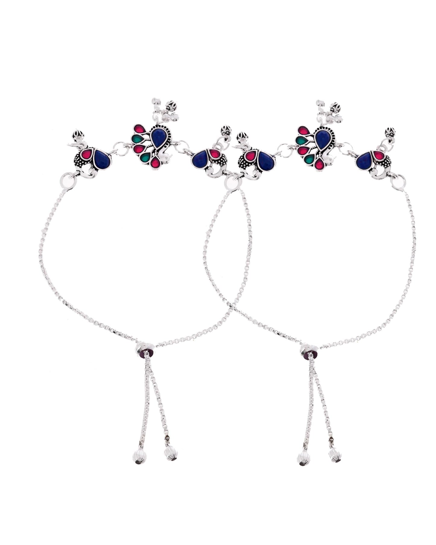 VOJ Set of 2 Silver-Plated Peacock Shaped Stone Studded Anklet