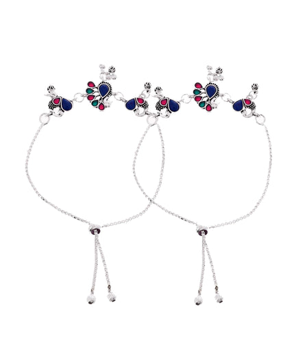 VOJ Set of 2 Silver-Plated Peacock Shaped Stone Studded Anklet