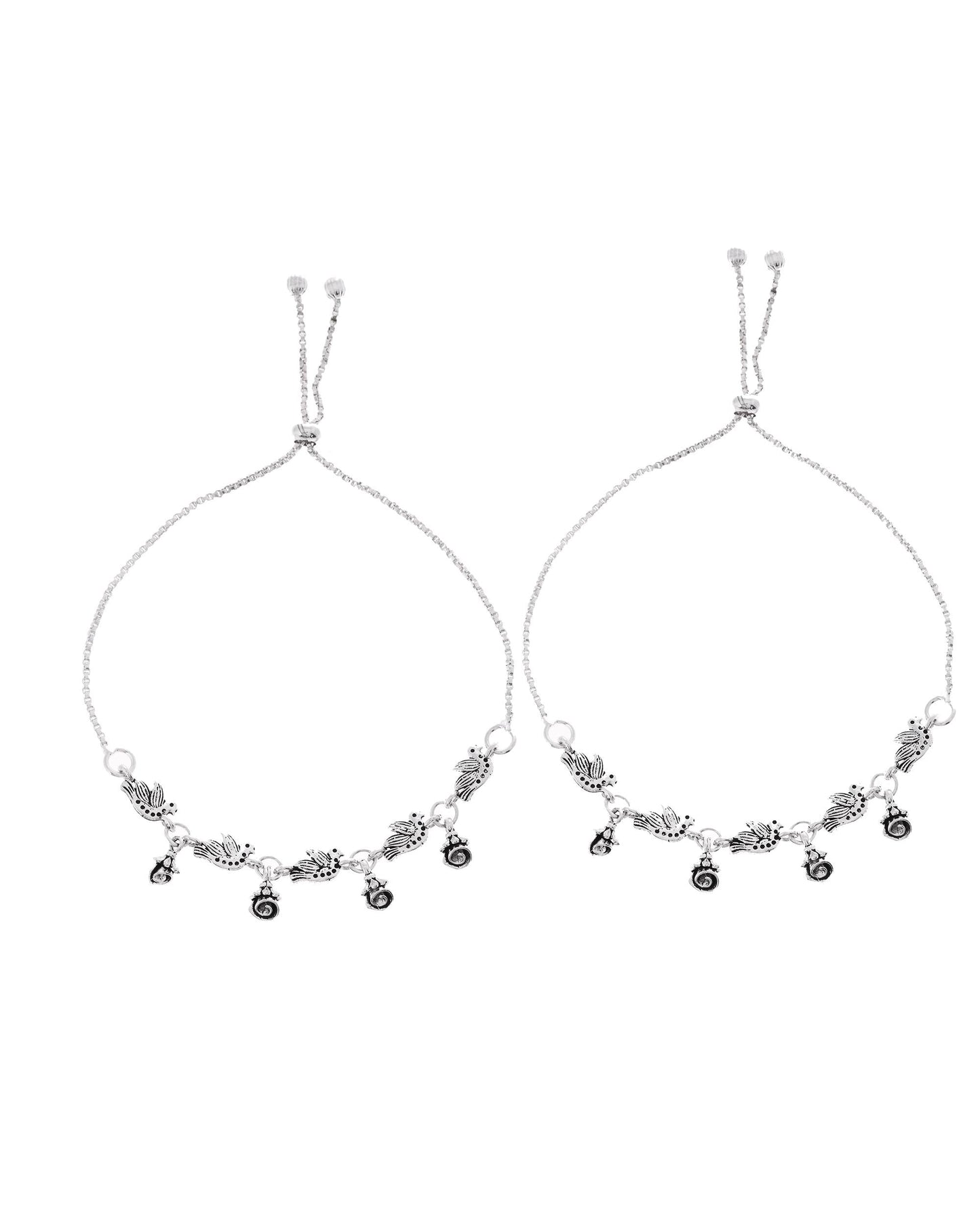 VOJ Set of 2 Silver Plated Bird And Rose Shaped Anklet
