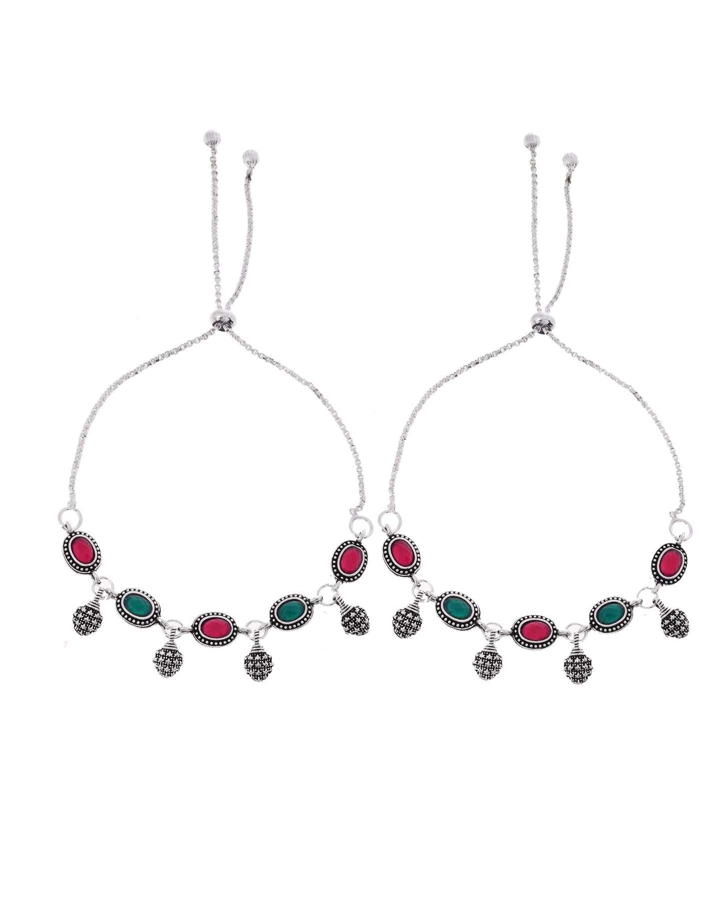 VOJ Set of 2 Silver-Plated Artificial Stones Studded Anklet