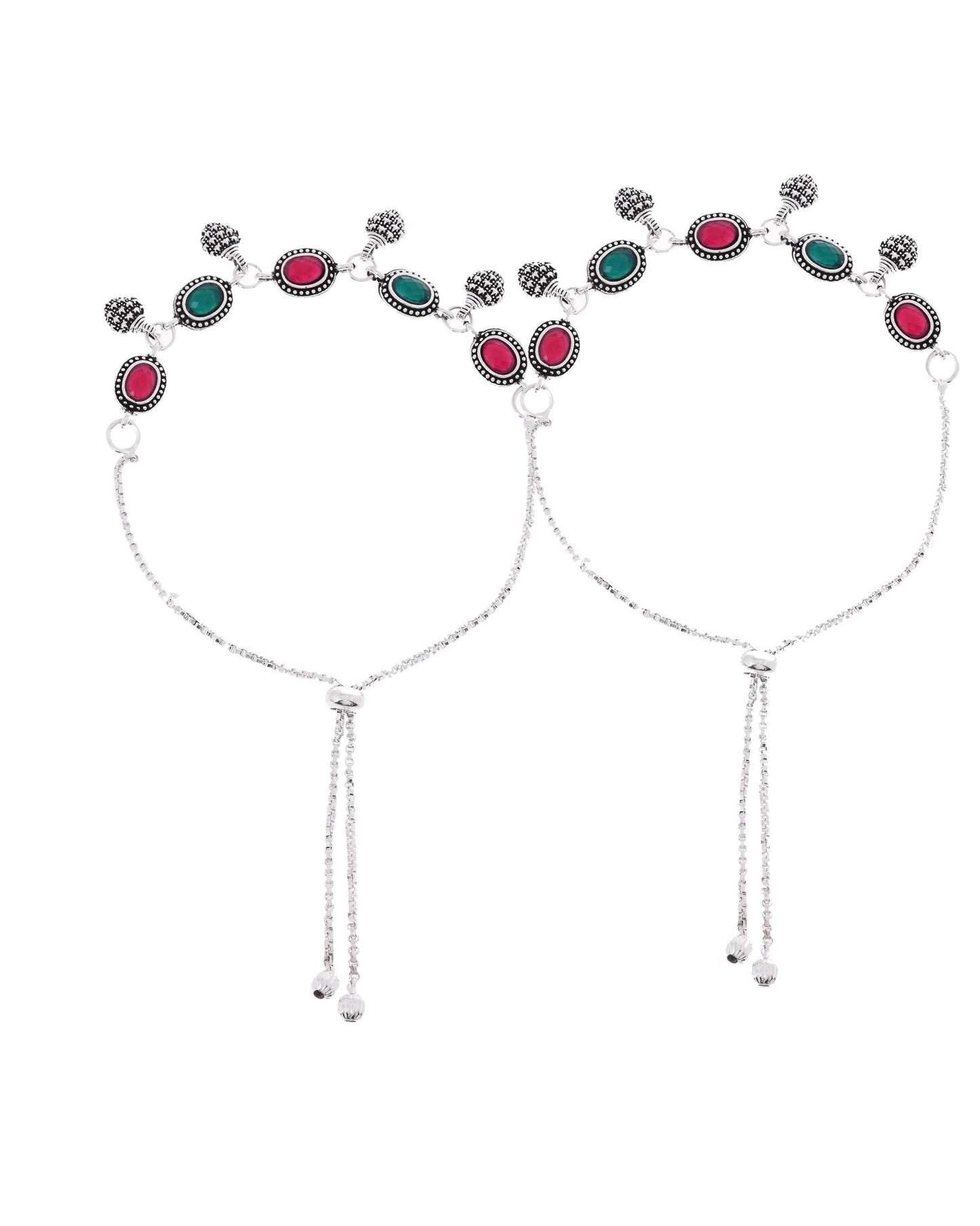 VOJ Set of 2 Silver-Plated Artificial Stones Studded Anklet