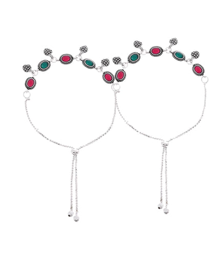 VOJ Set of 2 Silver-Plated Artificial Stones Studded Anklet