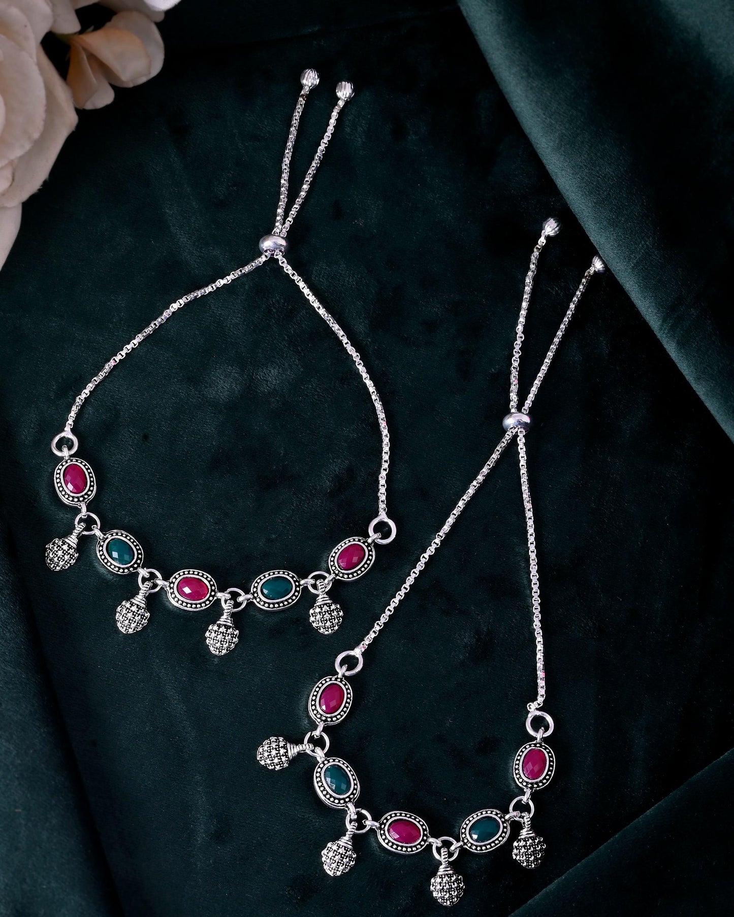 VOJ Set of 2 Silver-Plated Artificial Stones Studded Anklet