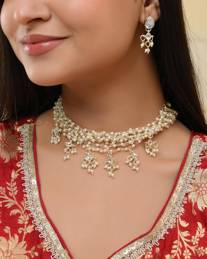 VOJ Gold-Polished Multi Layered Pearl Choker With Earrings Set