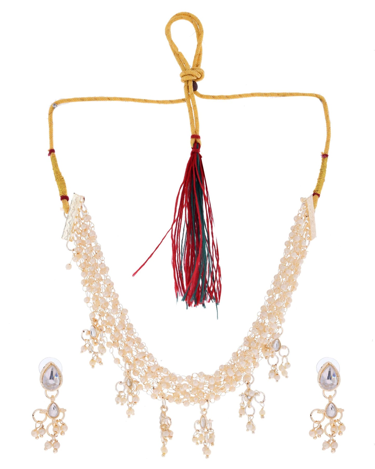 VOJ Gold-Polished Multi Layered Pearl Choker With Earrings Set