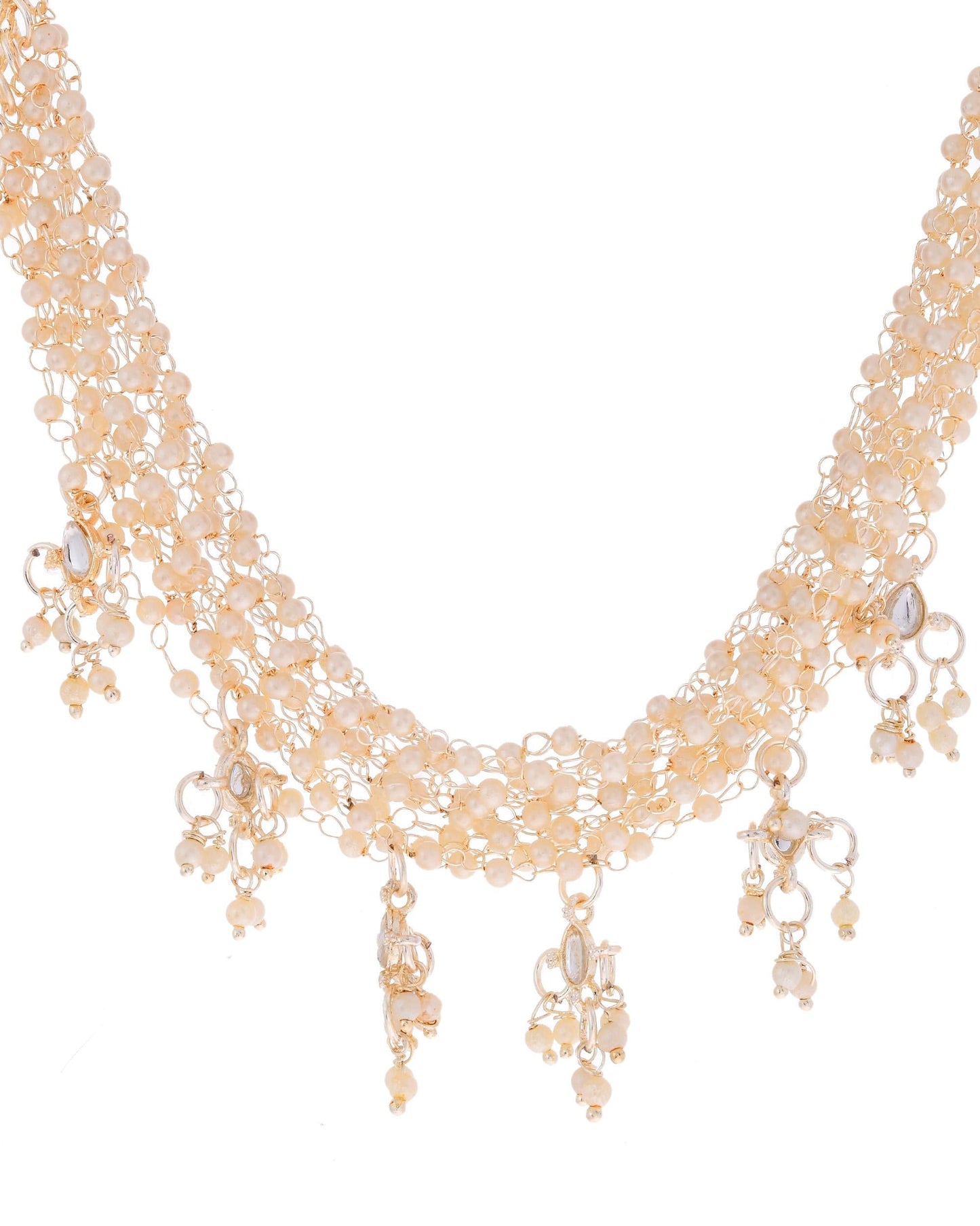 VOJ Gold-Polished Multi Layered Pearl Choker With Earrings Set
