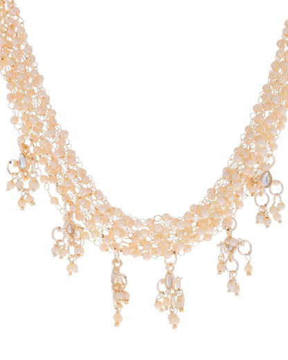 VOJ Gold-Polished Multi Layered Pearl Choker With Earrings Set