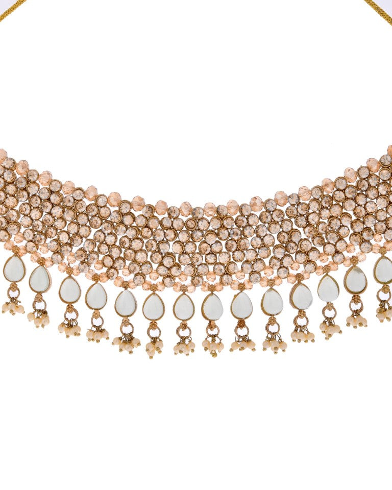 VOJ Gold And Sea Green Stone Studded Classic Choker Set