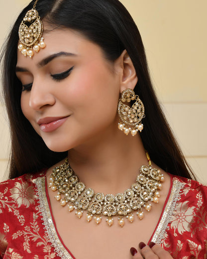 VOJ Gold-Polished Stone Studded Designer Choker With Earrings And Maang Tikka Set