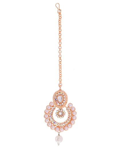 VOJ Gold-Polished Stone And White Beaded Choker Jewellery Set With Maang Tikka