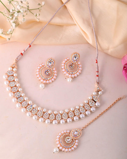 VOJ Gold-Polished Stone And White Beaded Choker Jewellery Set With Maang Tikka