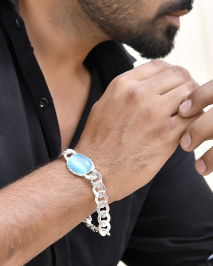 VOJ Silver Plated Blue Stone Men's Bracelet