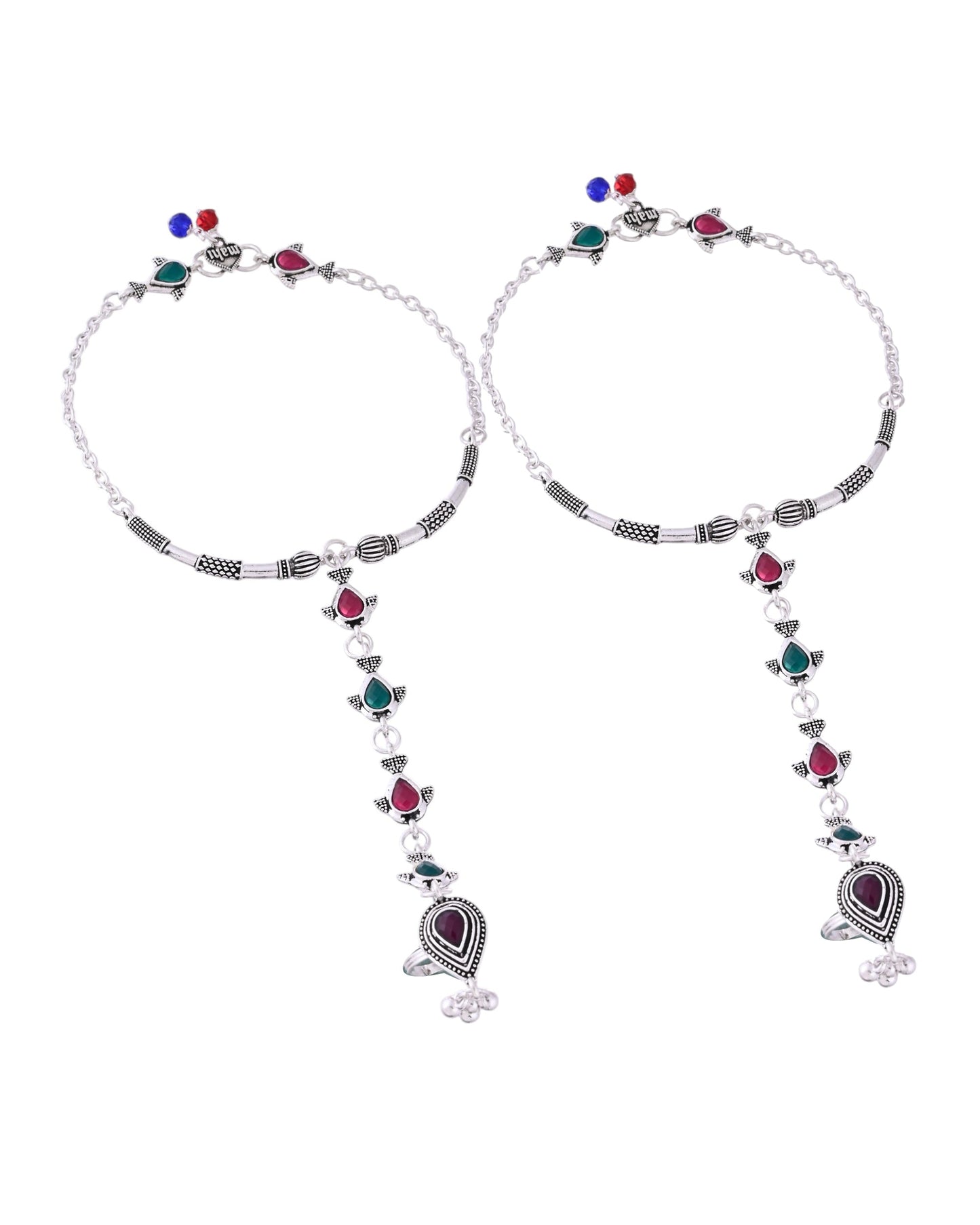 VOJ Set of 2 Silver Toned Meenakari Anklet With Toe Ring