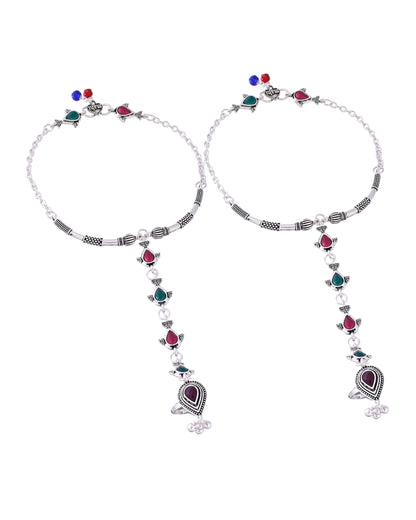 VOJ Set of 2 Silver Toned Meenakari Anklet With Toe Ring