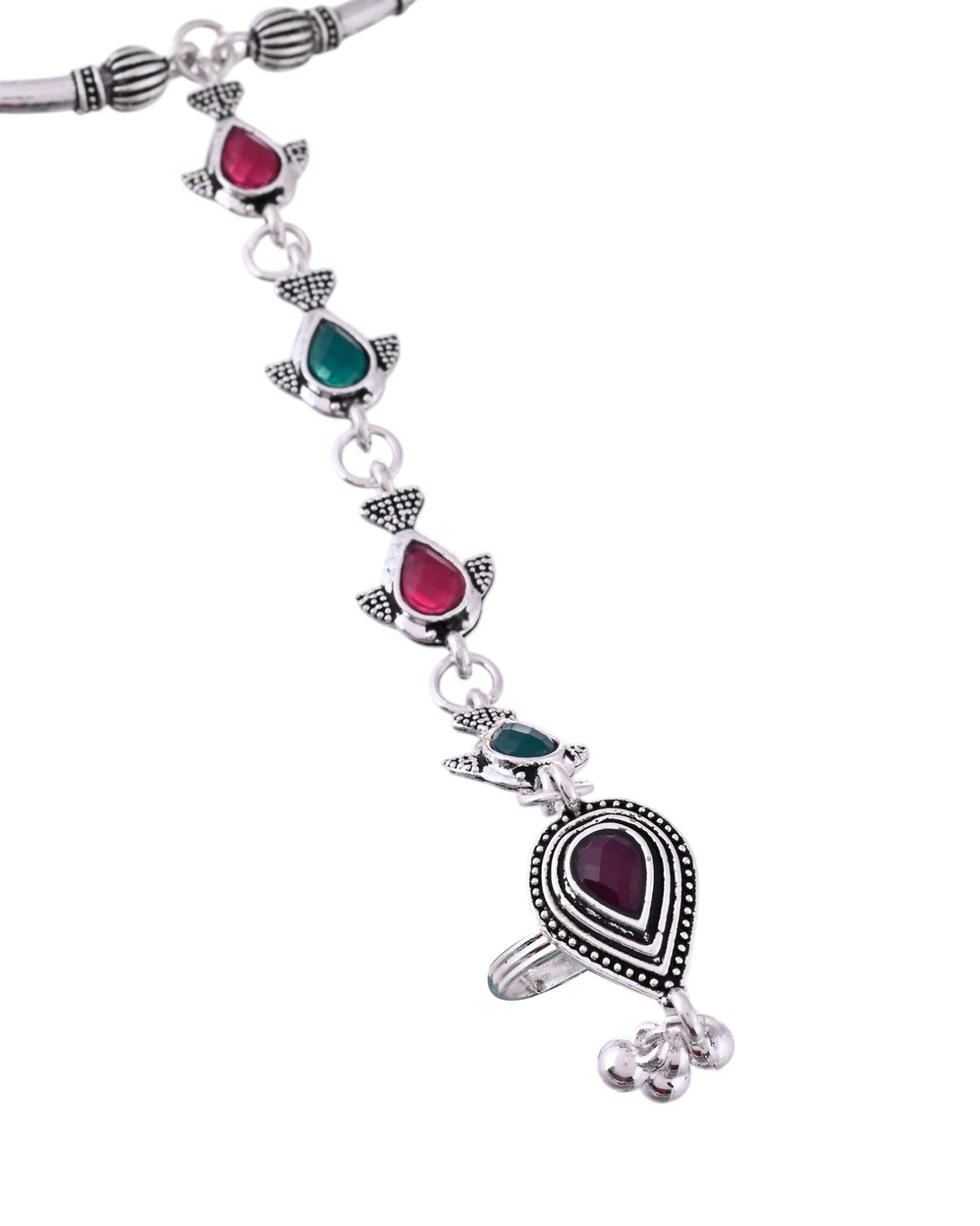 VOJ Set of 2 Silver Toned Meenakari Anklet With Toe Ring